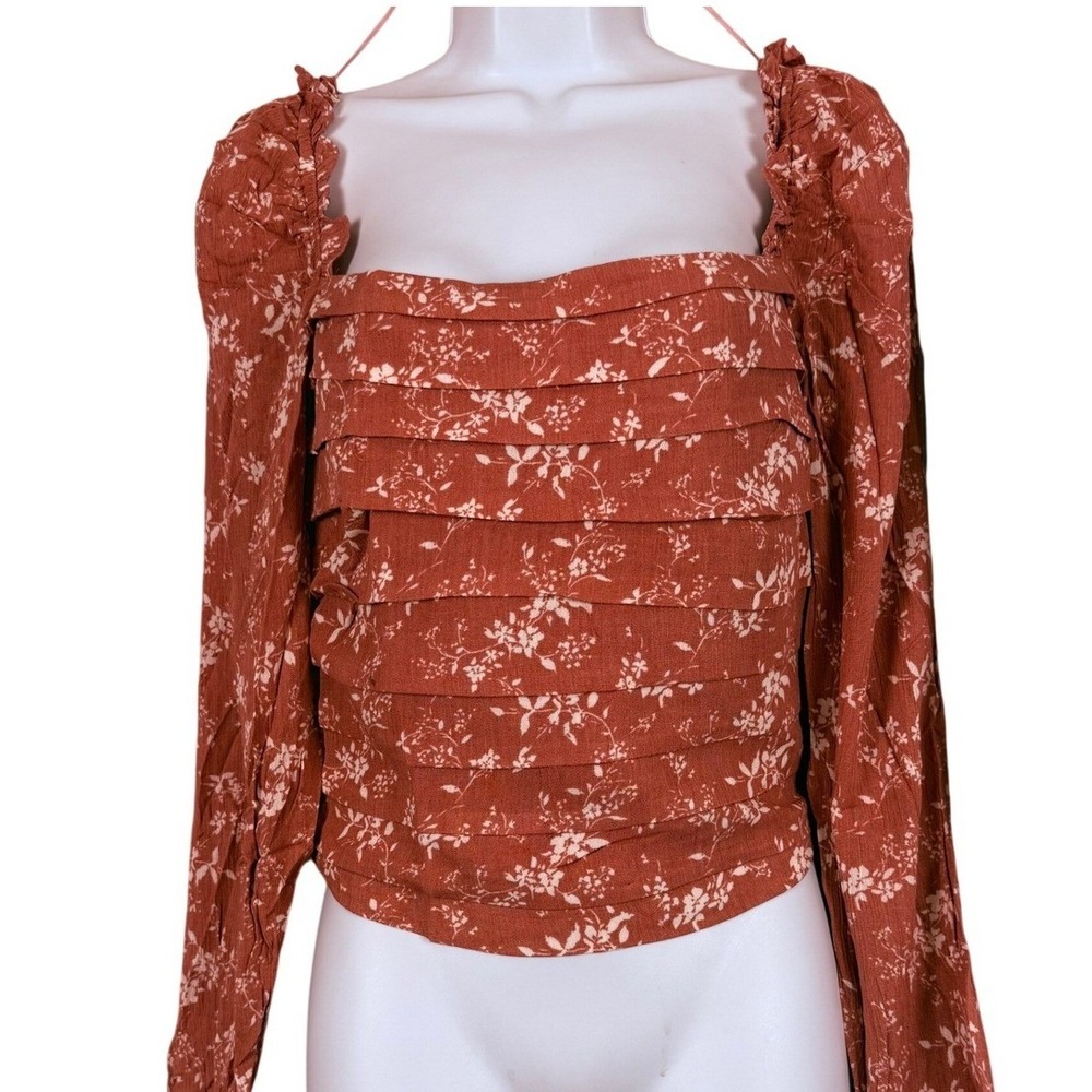 Promesa Floral Square Neck Top Womens Large pink NWT Smocked Pleated Long Sleeve